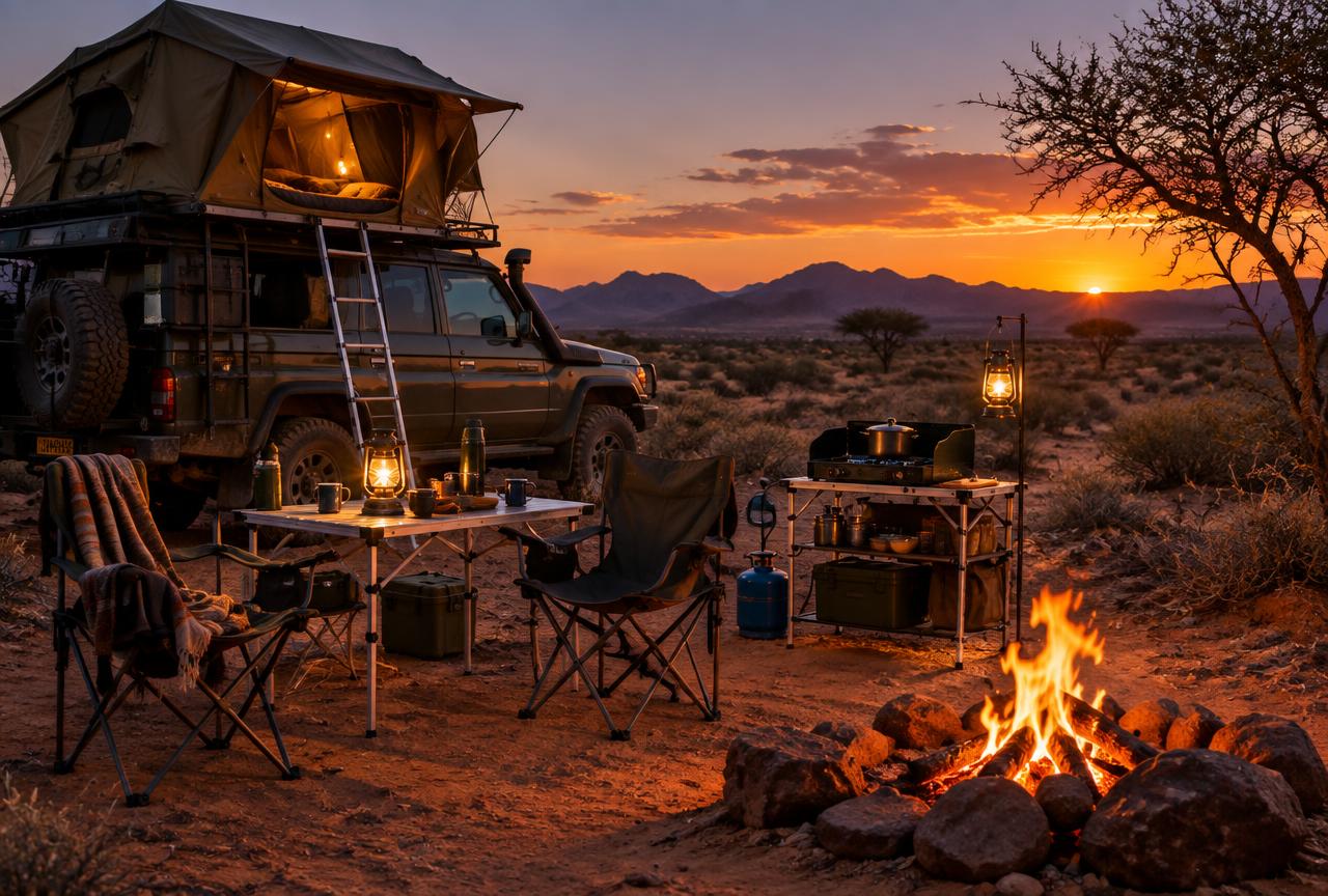 Camp set up in Namibia with rooftop tent, table, chairs and cooking equipment