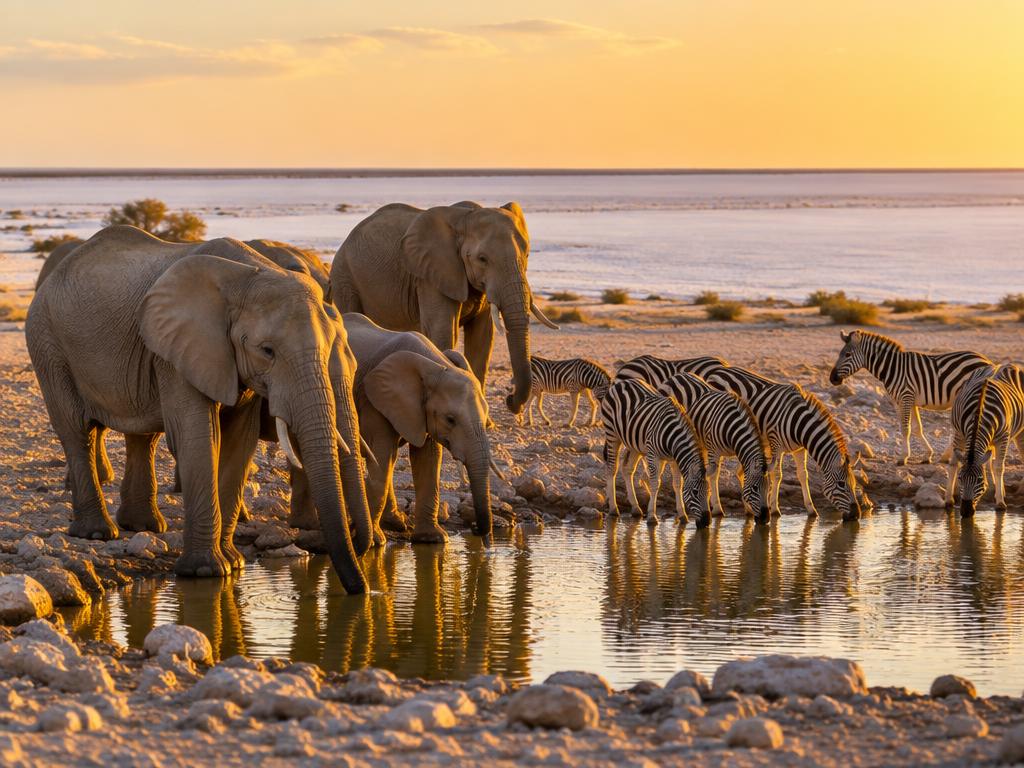 Elephants and zebra drinking at an Etosha waterhole