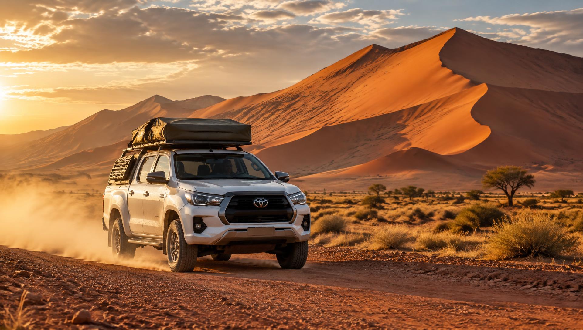 Toyota Hilux 4x4 on a Namibian gravel road at sunset