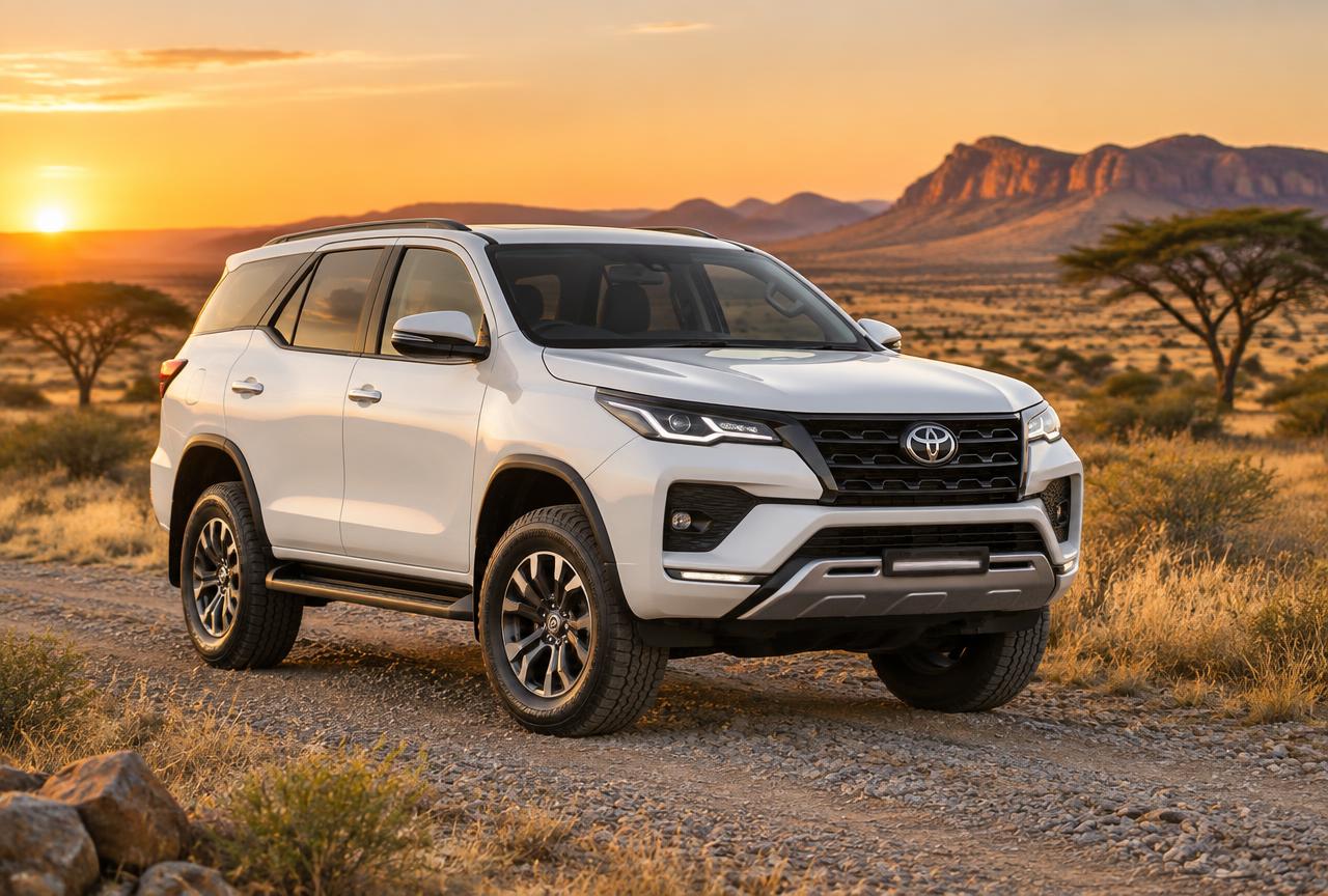 White Toyota Fortuner 4x4 SUV on a gravel track in the Namibian savannah