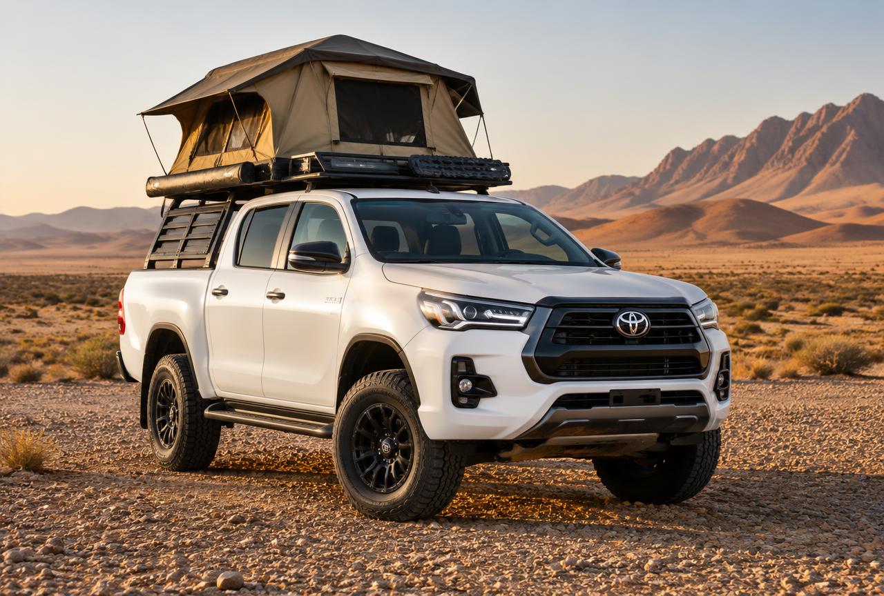 Camping-equipped Toyota Hilux 4x4 with rooftop tent in Namibia